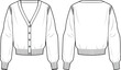 Women's Button-up Cardigan. Technical fashion illustration. Front and back, white color. Women's CAD mock-up.