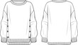 Women's Button Side Detail, High Low Hem Sweater- Technical fashion illustration. Front and back, white color. Women's CAD mock-up.