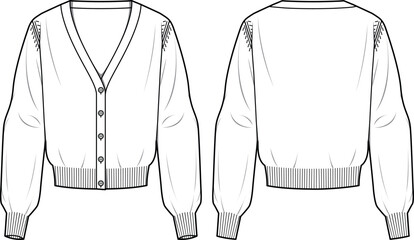Wall Mural - Women's Button-up Cardigan. Technical fashion illustration. Front and back, white color. Women's CAD mock-up.
