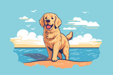 Doodle Inspired Golden Retriever At Beach, Cartoon Sticker, Sketch, Vector, Illustration