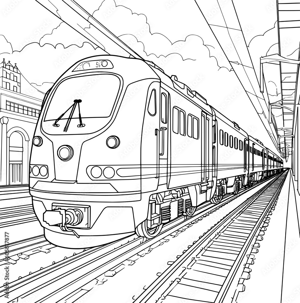 Train Coloring Page Line Art Stock Vector | Adobe Stock