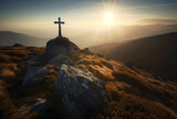 Fototapeta Krajobraz - Christian cross on top of the mountain with sunlight and sunrays. Ai generated