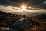 Fototapeta Krajobraz - Christian cross on top of the mountain with sunlight and sunrays. Ai generated