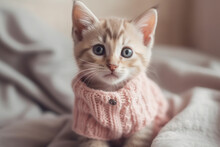 Cute Cat Or Kitten Dressed In A Pink Sweater. Ai Generated