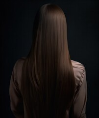 brunette with long perfectly silky smooth and beautiful hair rear .view on a dark background. Generative AI