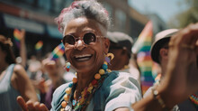 Happy Senior African American Woman With Grey Hair At Gay Pride Parade. Pride Month Celebration, LGBTQ Rainbow Flag. Generative Ai.