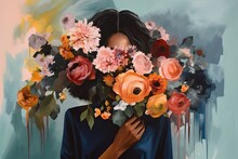 Abstract Oil Painting Of A Female Holding A Large Bouquet Of Summer Flowers Covering Her Face. Generative AI 