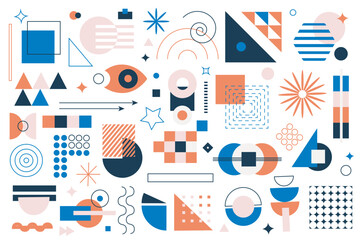 Aufkleber - Geometric shapes mega set graphic elements in flat design. Bundle of squares, curl lines, circles, stars, triangles, arrows and other simple forms and composition. Vector illustration isolated objects