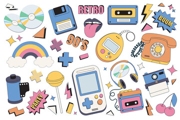 90s retro style mega set graphic elements in flat design. bundle of music discs, floppy disk, mouth 