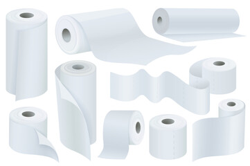 Poster - Toilet paper mega set graphic elements in flat design. Bundle of white paper rolls mockups with wave tape of hygienic wipes, kitchen towels or washroom accessory. Vector illustration isolated objects