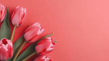 Bouquet Of Tulips On Red Pink Background With Copy Space For Text. Top View, Mockup, Flat Lay Composition, Blog, Website, Social, Generative AI