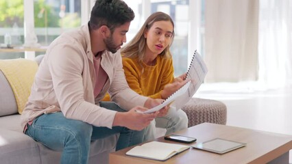 Wall Mural - Couple, debt and stress for budget in home with anxiety, planning money and paperwork of bills. Frustrated man, woman and overwhelmed with notes of taxes, financial documents and poor finance problem