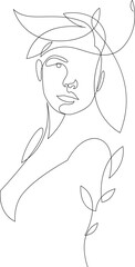 Wall Mural - One line drawing of abstract woman face with tropical flower, leaf. Female portrait continuous line art in minimal style. Vector illustration for cosmetics, beauty salon logo, fashion print.
