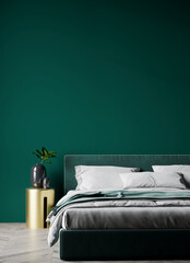 Luxury bedroom in premium modern interior design home or hotel. Deep color green trend - dark emerald viridian walls and bed. Accent gold brass table. Mockup for art or decor. 3d rendering