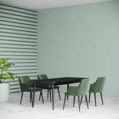 Dining room in mint green light colors. Large rectangular black table and 4 chair s armchairs in olive velor. Luxury space interior design and furniture. Empty wall for art - mockup. 3d rendering