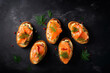 Open smoked salmon sandwiches decorated with dill, top view. Generative AI