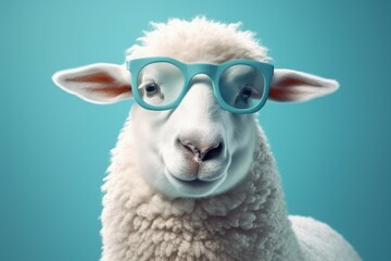 Wall Mural - Funny cute sheep in sunglasses with happy emotion. AI generated, human enhanced