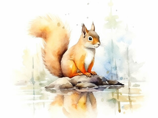Wall Mural - A Minimal Watercolor Painting of a Squirrel in Nature with a White Background | Generative AI