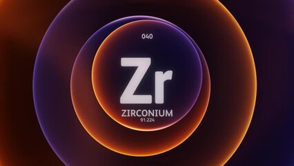 Sticker - Zirconium as Element 40 of the Periodic Table. Concept animation on abstract blue orange gradient rings seamless loop background. Title design for science content and infographic showcase backdrop.