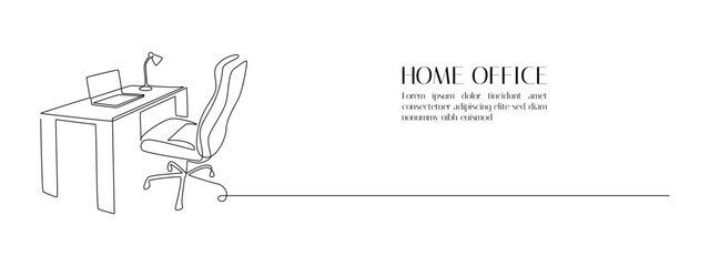 Poster - One continuous line drawing of home office interior. Modern work desk and chair with laptop and lamp in simple linear style. Remote distant work concept in editable stroke. Doodle vector illustration