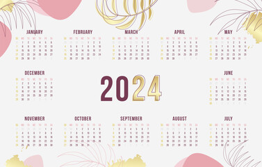 Wall Mural - 2024 Calendar. Week Starts Sunday. Premium Abstract Style One-Page Horizontal Planner Template for the Year 2024. Elegant Golden Natural Elements and Pink Colors.