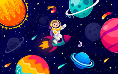 Wall Mural - cartoon astronaut on rocket in starry galaxy between space planets, comets and asteroids. space expl