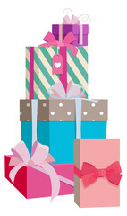 Sticker - Gift box pile icon. Cartoon holiday presents