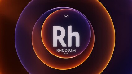 Canvas Print - Rhodium as Element 45 of the Periodic Table. Concept animation on abstract blue orange gradient rings seamless loop background. Title design for science content and infographic showcase backdrop.