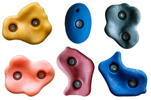Set Of Grips Different Colors And Shapes For Climbing Wall Isolated On White Background / Set Collection Of Various Artificial Climbing Holds With Clipping Path / Bouldering Extreme Sport
