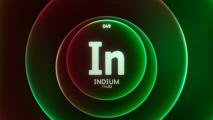 Poster - Indium as Element 49 of the Periodic Table. Concept illustration on abstract green red gradient rings seamless loop background. Title design for science content and infographic showcase display.