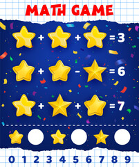 Math game worksheet, cartoon golden yellow stars, vector kids mathematical quiz. Education puzzle or math game for counting and calculation with numbers addition and subtraction with golden stars