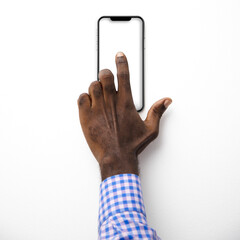 index finger touching phone with transparent screen isolated on white background. blank screen, phone screen mockup, front view, clipping path, clipping mask