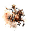 A painting of a cowboy riding a horse. Generative AI.