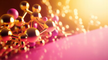 Molecular Cosmetics, Molecular Chain Of Golden Molecules Pink Background, Golden Threads Cosmetology. Concept Of Health Beauty Generative AI