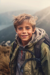 Poster - A young boy with a backpack on a mountain. Generative AI.