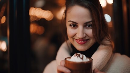 Wall Mural - Young pretty woman with a cappucino coffee - made with Generative AI tools