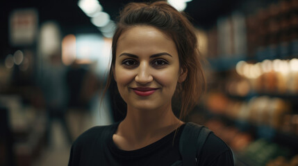 Wall Mural - Young woman with a smiling face in a store  - made with Generative AI tools