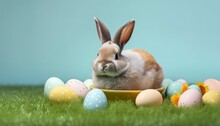 Cute Rabbit With Fancy Easter Eggs On Grass , Generative Ai