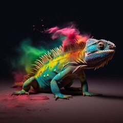 colorful iguana with powder splash , Generative Ai