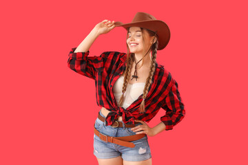 Poster - Young cowgirl on red background