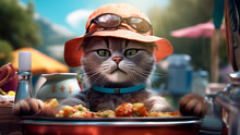 A Cute Kitten With Sunglasses And A Hat Eating A Plate Of Food. Generative AI