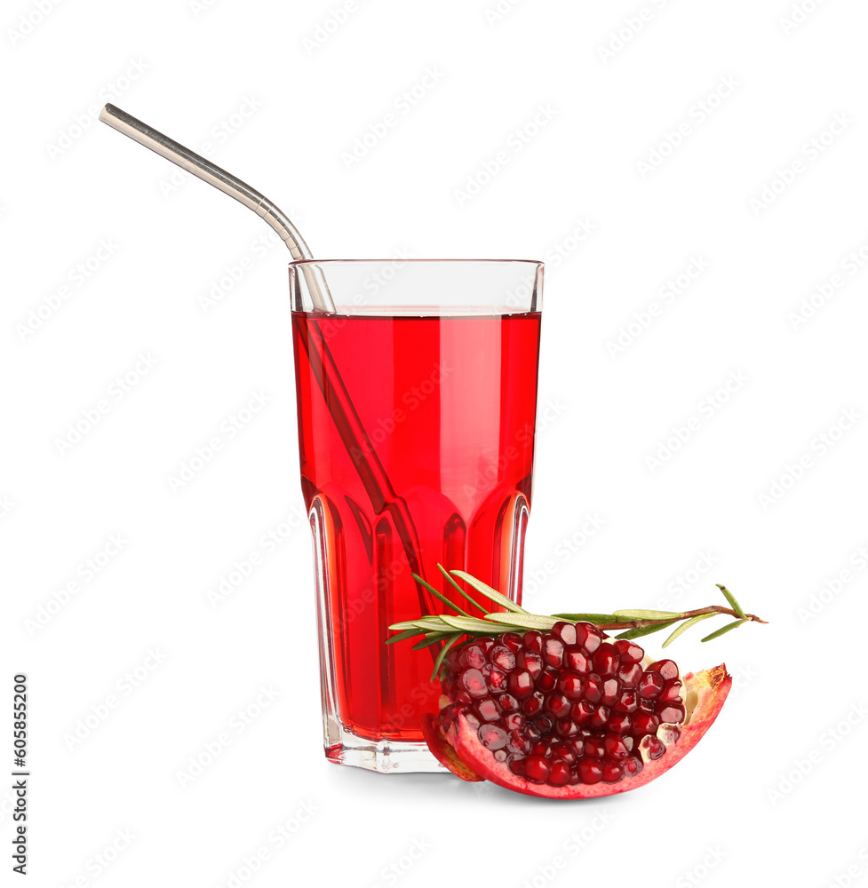 Glass of fresh pomegranate juice on white background