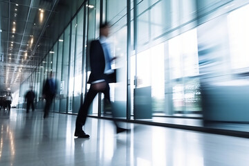 motion blurred 3d illustration of business people walking in modern office building