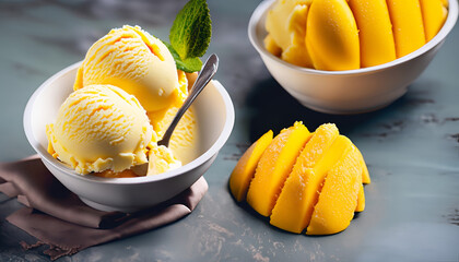 Wall Mural - Mango ice cream with fresh mango pieces,AI generate