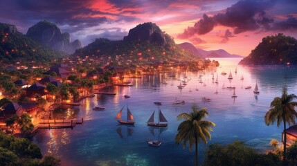 Wall Mural - Sunset on a luxury beach resort. Tropical vacation with the ocean, boats, and hotel. Travel relaxing at the shore at dawn.