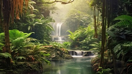 Wall Mural - Tropical rainforest waterfall in the jungle landscape. Palm trees pond misty morning flowers and tropics.