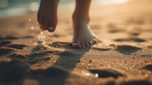 Bare Feet In The Sand At The Beach. Generative AI. 