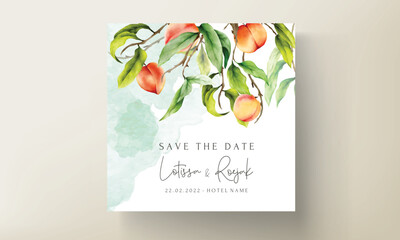 beautiful wedding invitation card with hand drawn peaches watercolor