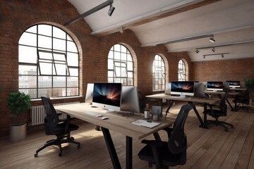 Wall Mural - busy office with rows of computer-filled desks generative ai