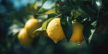 Fresh Ripe Lemons Hanging On A Lemon Tree Branch In Sunny Garden. Generative Ai Background, Copy Space